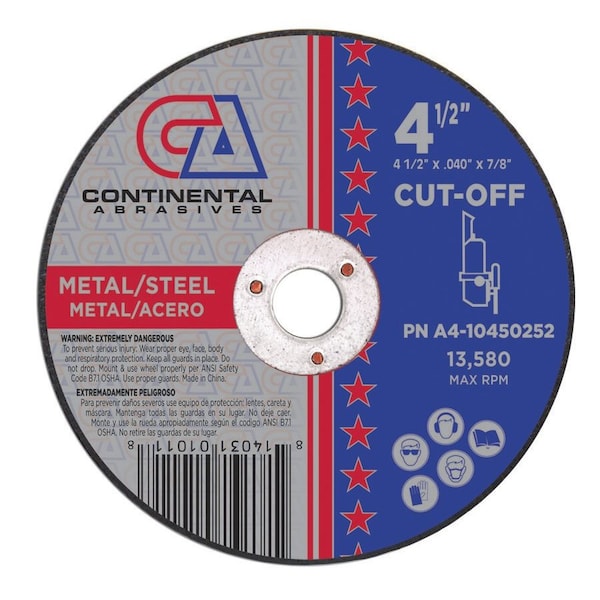 Continental Abrasives 4-1/2" x .040" x 7/8" Signature T27 Depressed Center Premium Thin Cut-Off Wheel A4-10450252 - main
